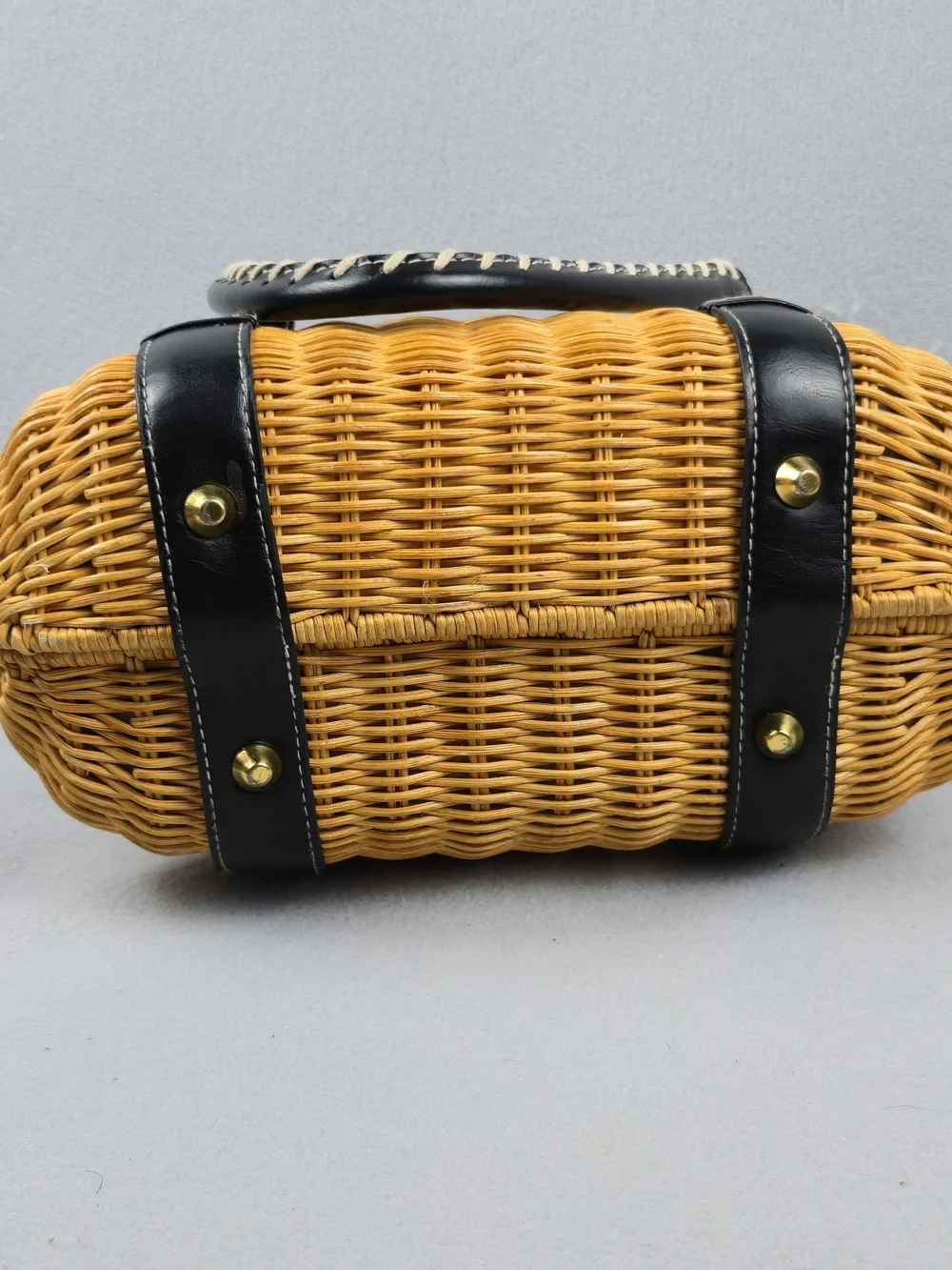 Woven Wicker Satchel Bag Black Leather Trim Turn Lock